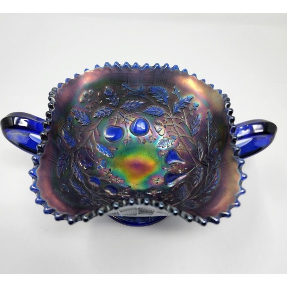 Northwood Cobalt Blue Fruits & Flowers Carnival Glass Handled Bonbon Dish - Picture 2 of 11